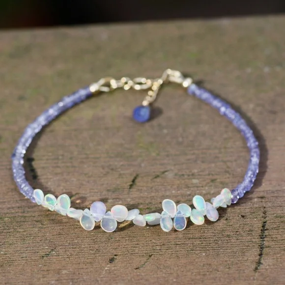 Handmade Natural Welo Opal and Tanzanite Bracelet Solid 14k Gold , 7.5" - 7.9" - Picture 7 of 11